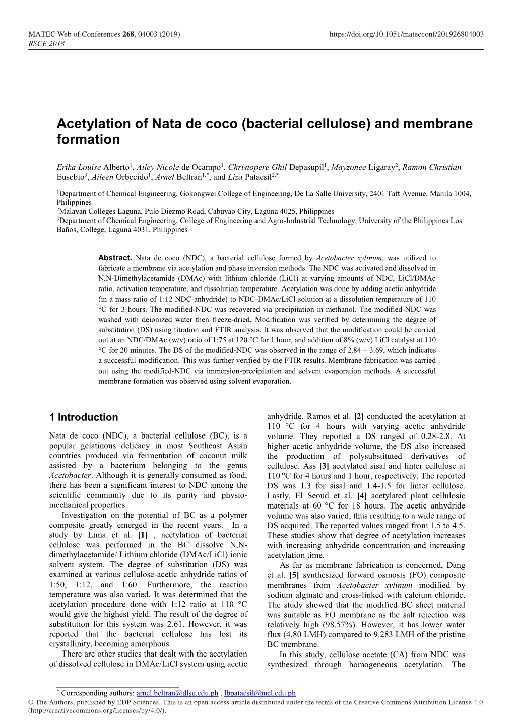 Acetylation of Nata De Coco (Bacterial Cellulose) and Membrane Formation