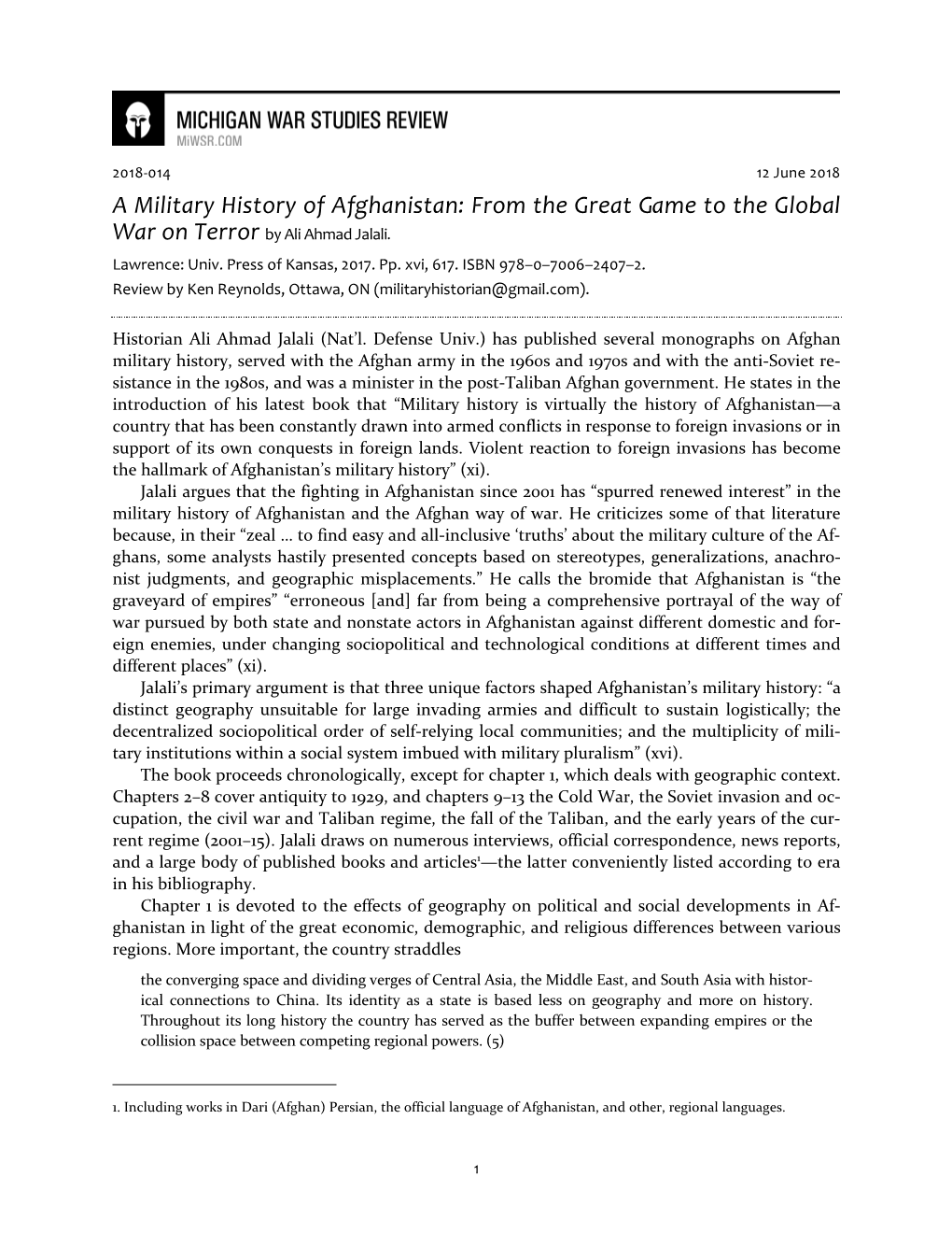 A Military History of Afghanistan: from the Great Game to the Global War on Terror by Ali Ahmad Jalali