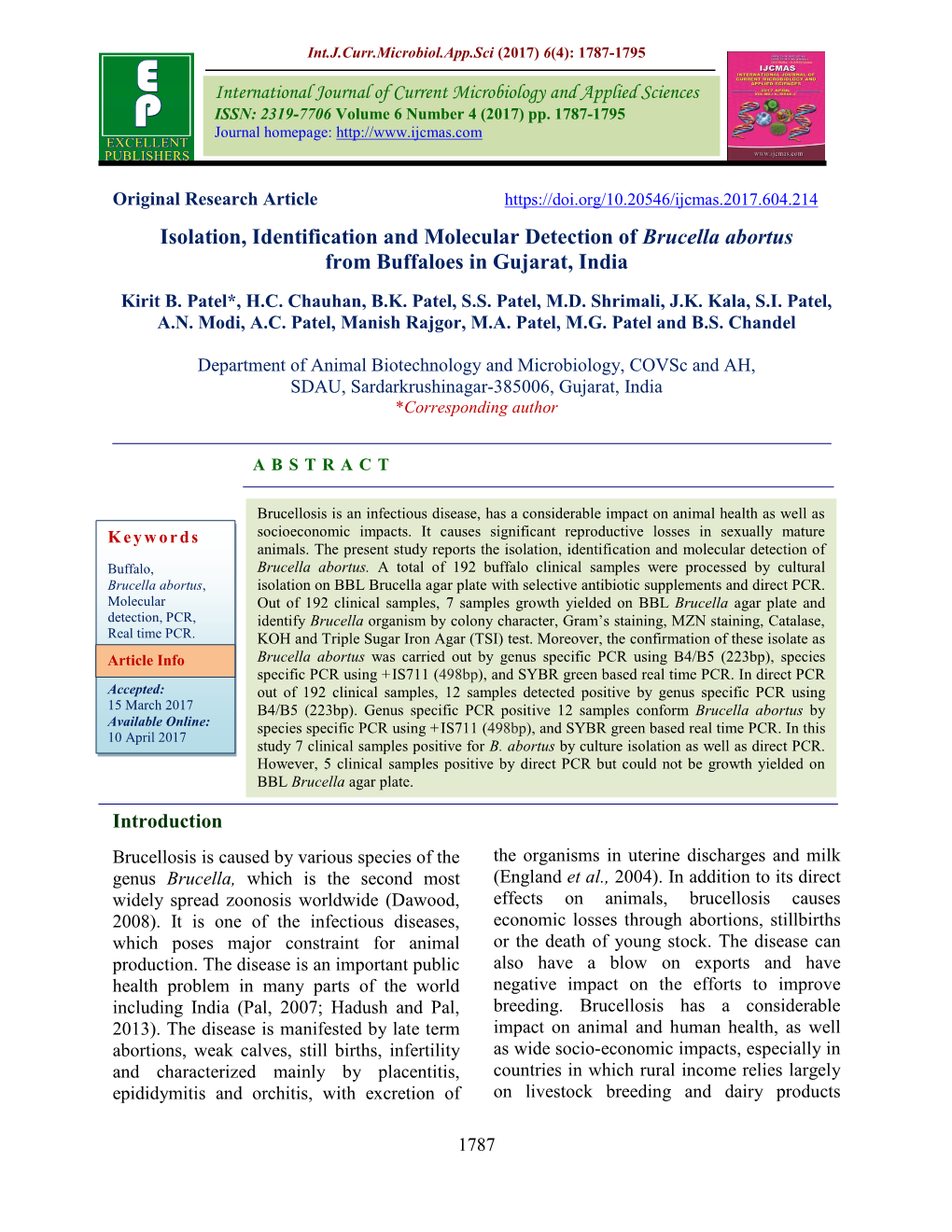 Isolation, Identification and Molecular Detection of Brucella Abortus from Buffaloes in Gujarat, India