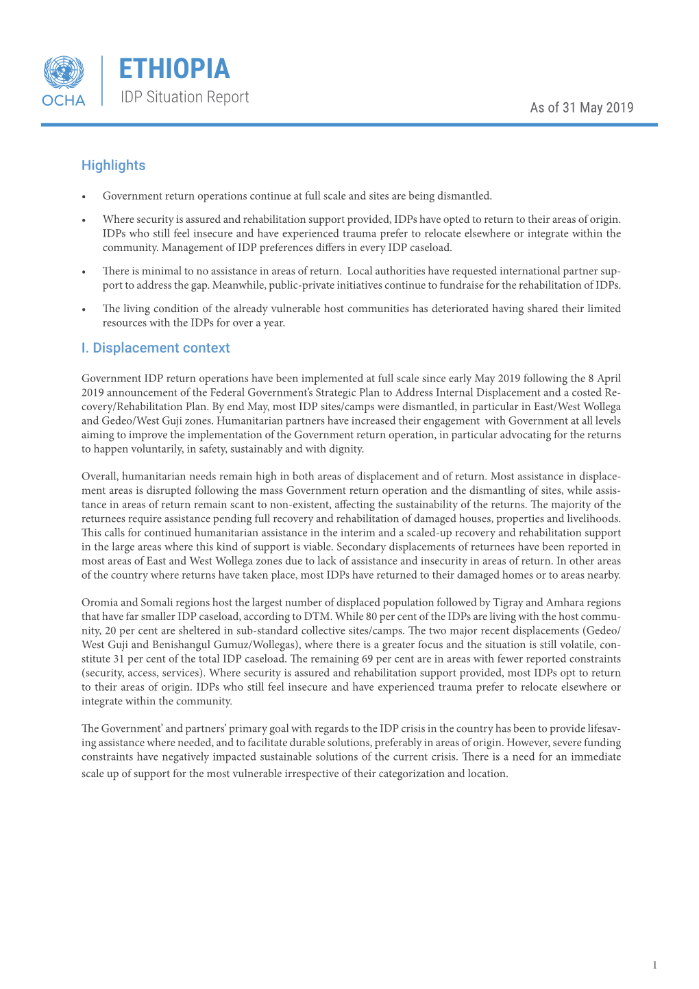 ETHIOPIA IDP Situation Report As of 31 May 2019