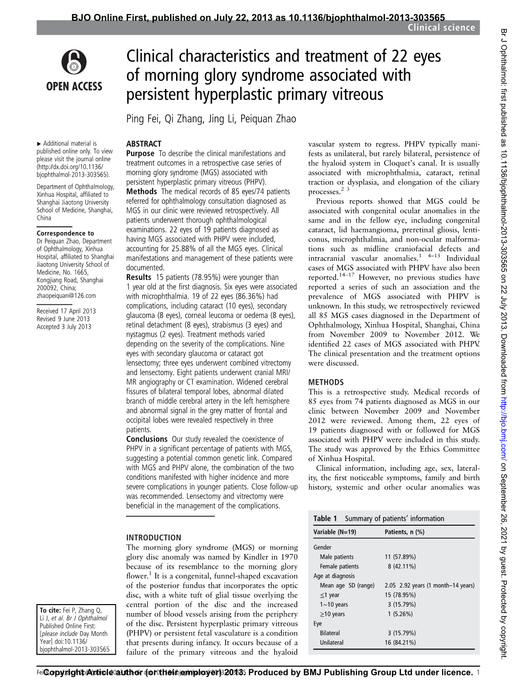 Clinical Characteristics and Treatment of 22 Eyes of Morning Glory