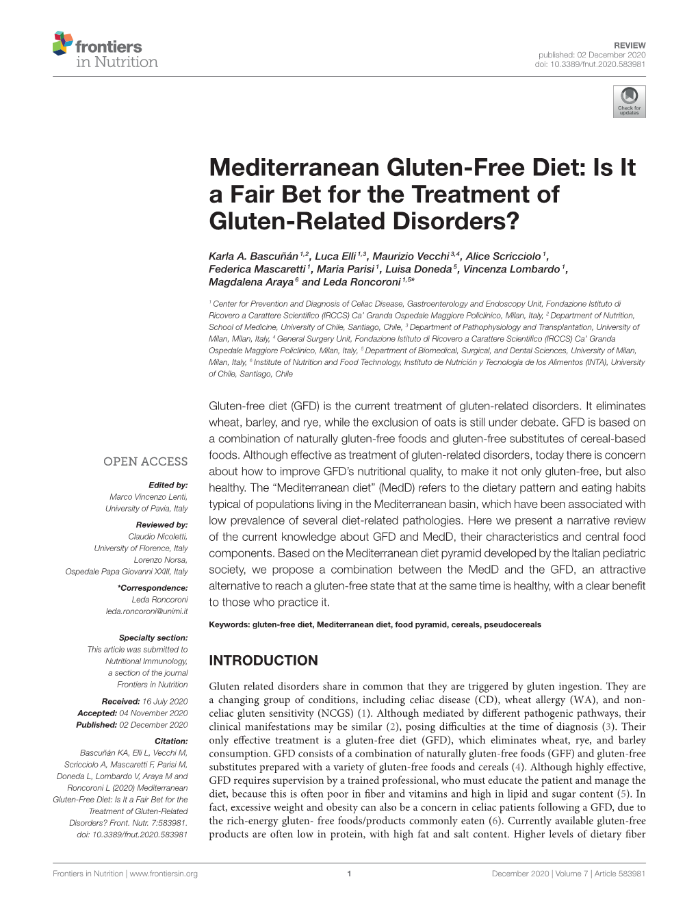 Mediterranean Gluten-Free Diet: Is It a Fair Bet for the Treatment of Gluten-Related Disorders?