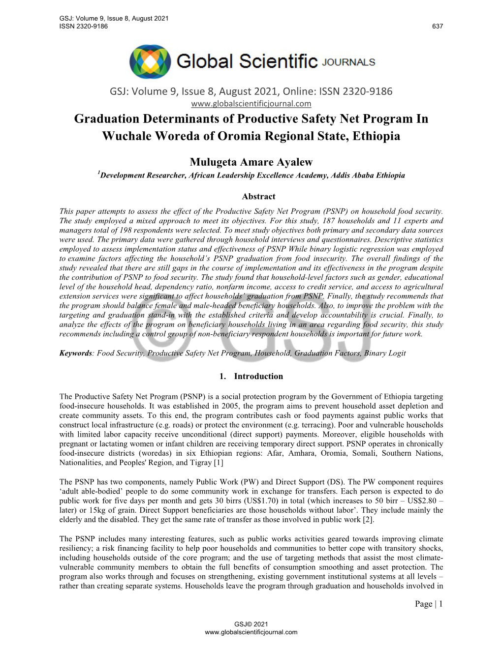 Graduation Determinants of Productive Safety Net Program in Wuchale Woreda of Oromia Regional State, Ethiopia