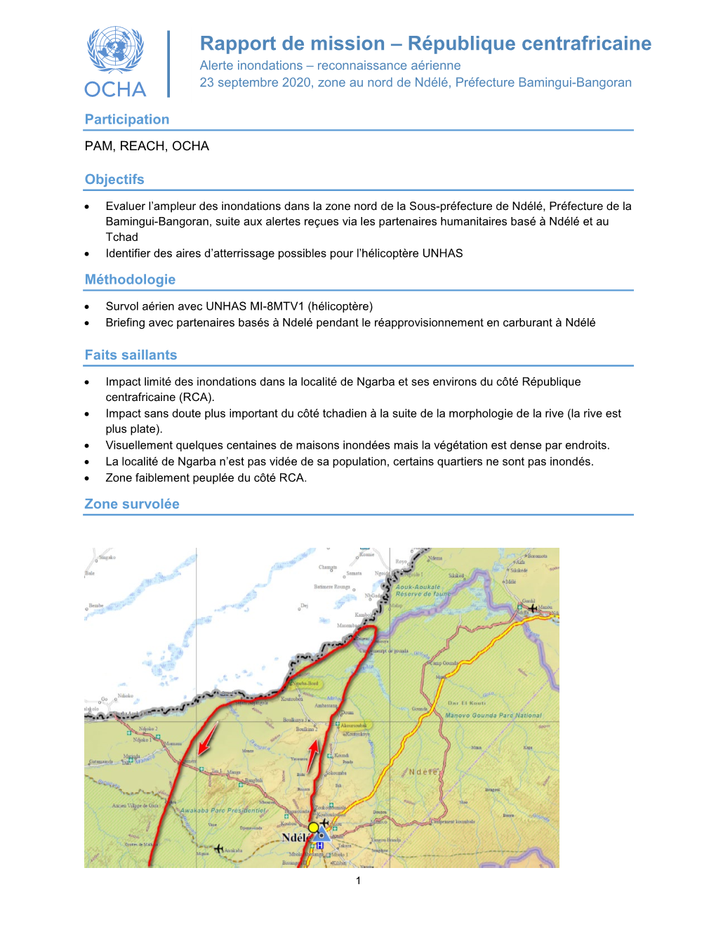 Rapport De Mission – République Centrafricaine Alerte Inondations – Reconnaissance Aérienne 23 Septembre 2020, Zone Au Nord De Ndélé, Préfecture Bamingui-Bangoran