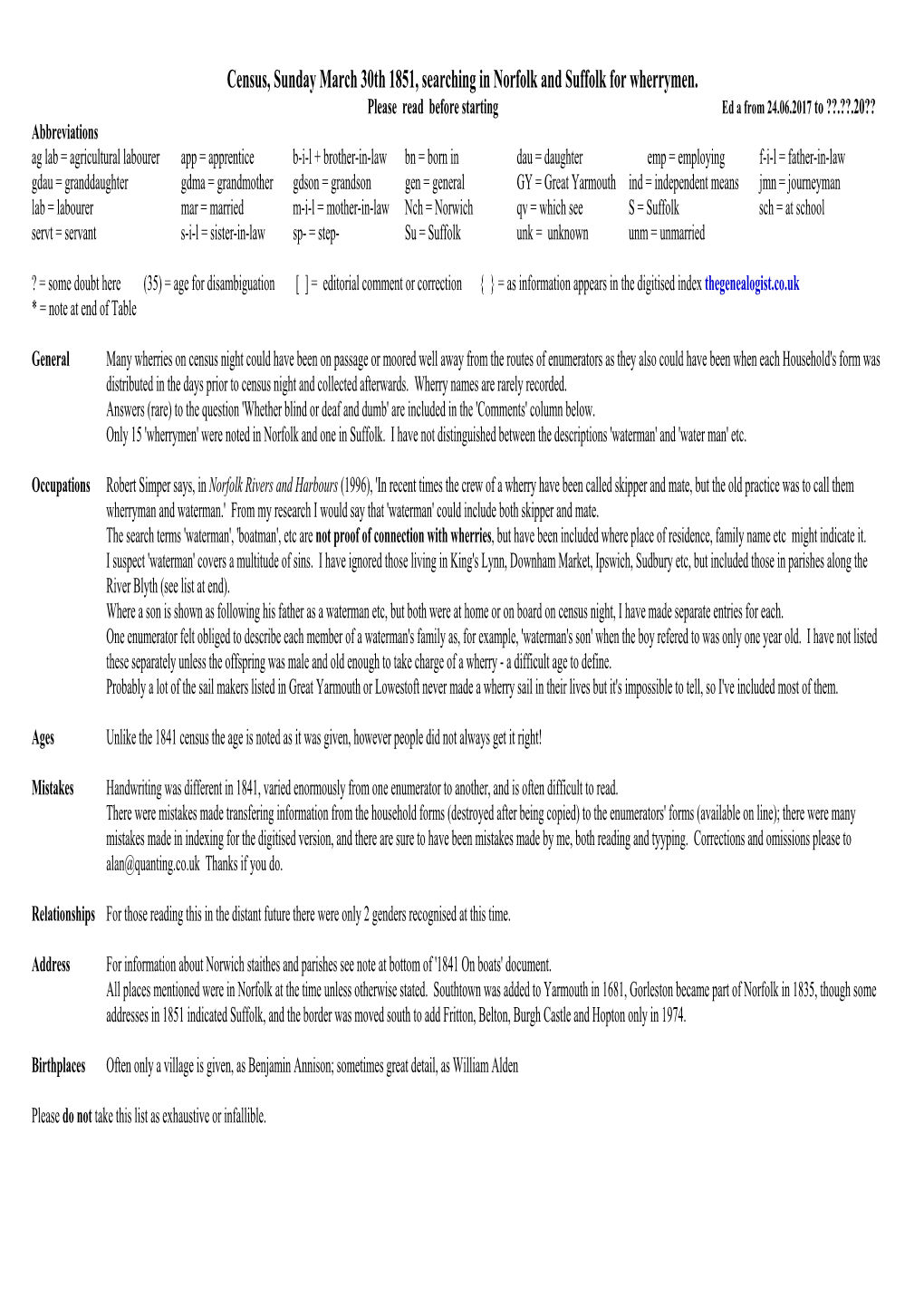 Census, Sunday March 30Th 1851, Searching in Norfolk and Suffolk for Wherrymen