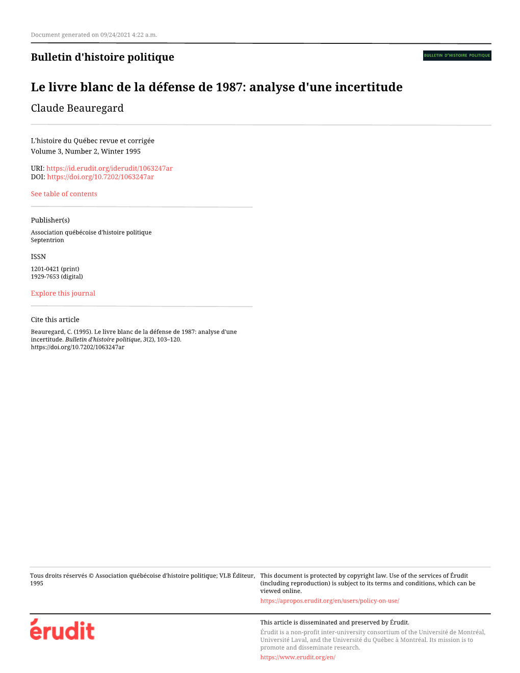 Le Livre Blanc De La Défense De 1987: Analyse D'une Incertitude Claude Beauregard