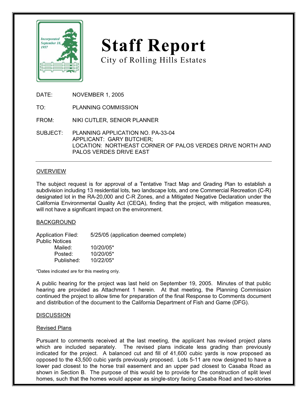 Staff Report City of Rolling Hills Estates