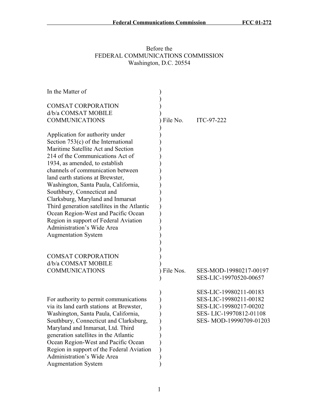 Federal Communications Commission FCC 01-272