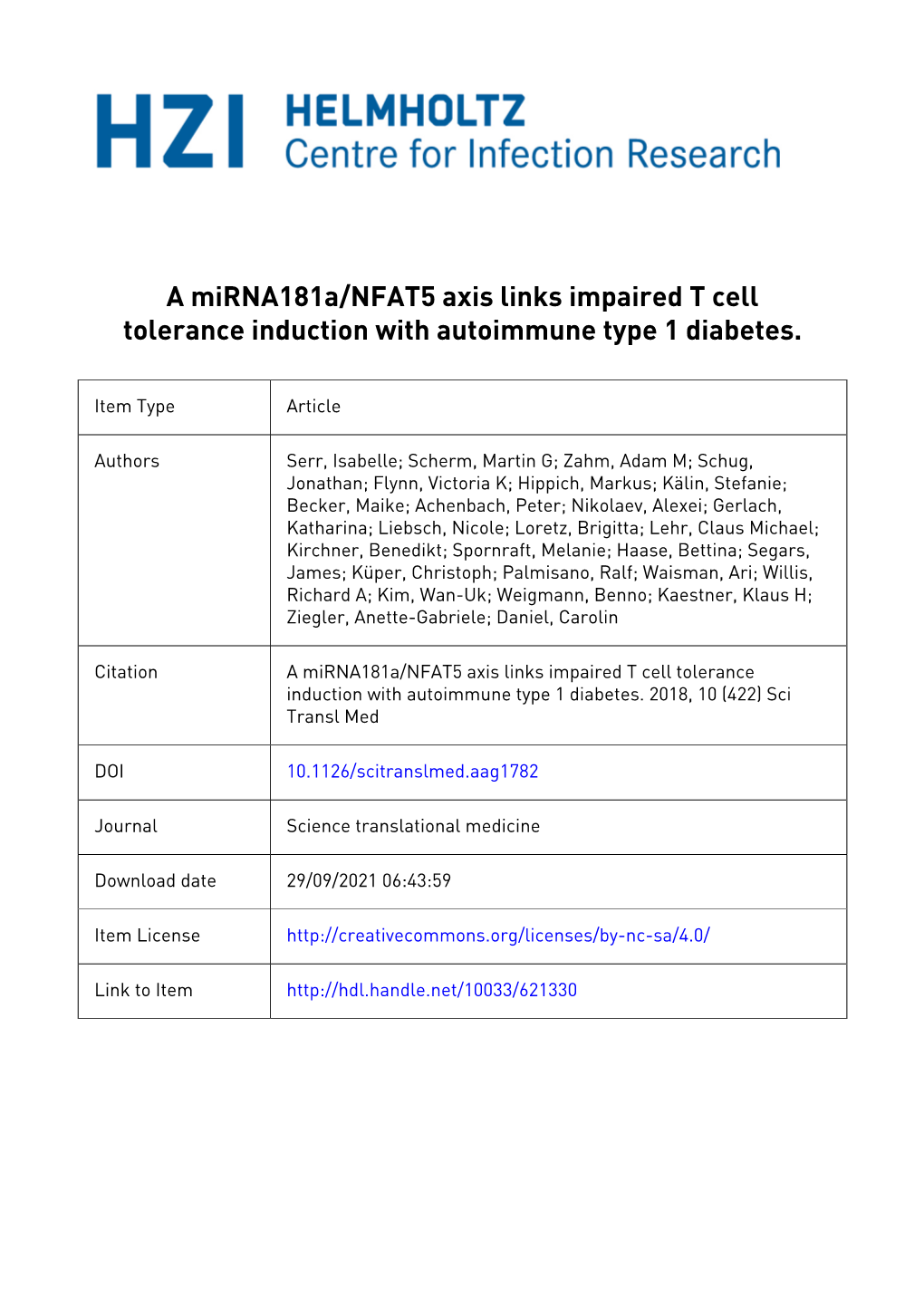 A Mirna181a/NFAT5 Axis Links Impaired T Cell Tolerance Induction with Autoimmune Type 1 Diabetes