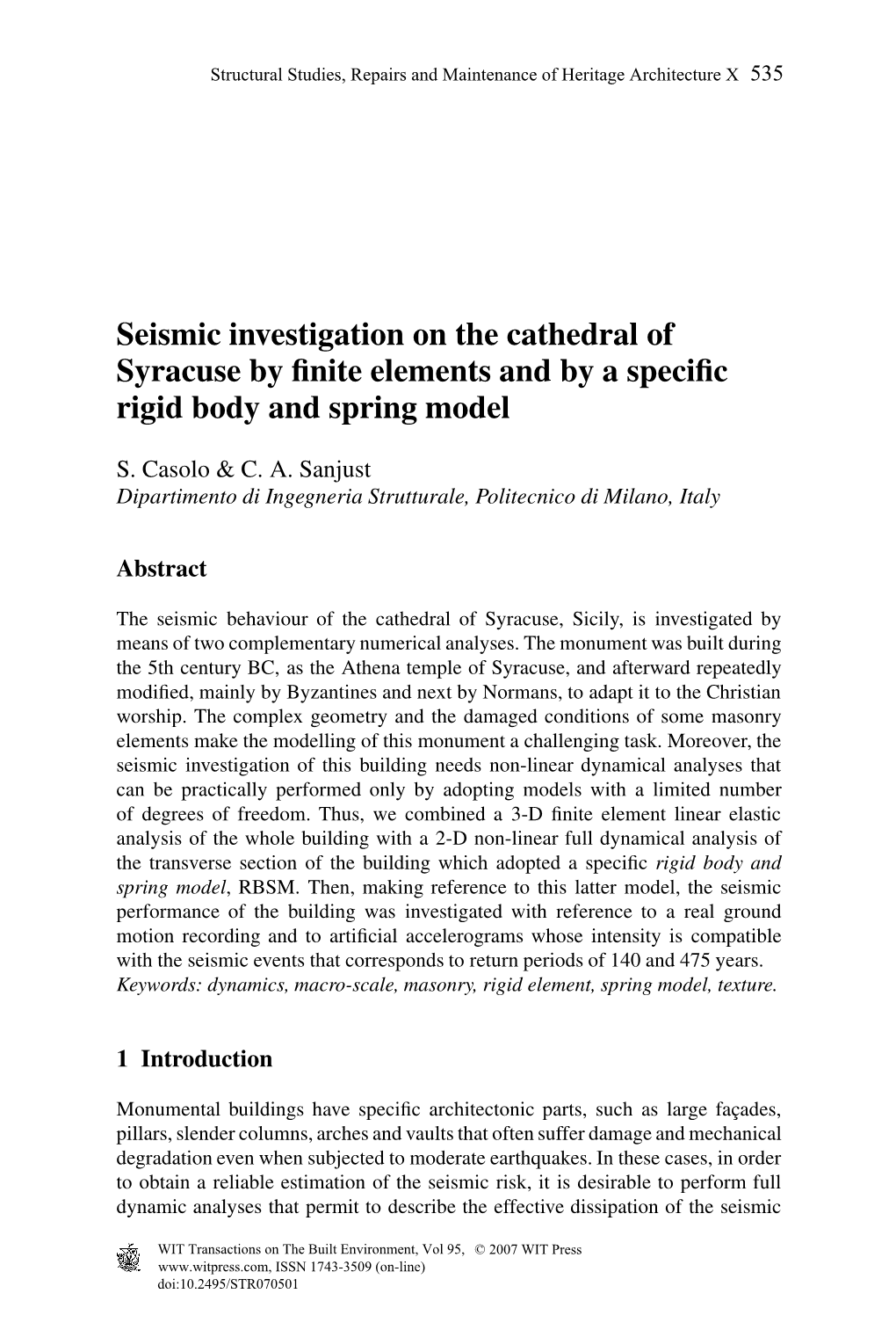 Seismic Investigation on the Cathedral of Syracuse by Finite Elements And