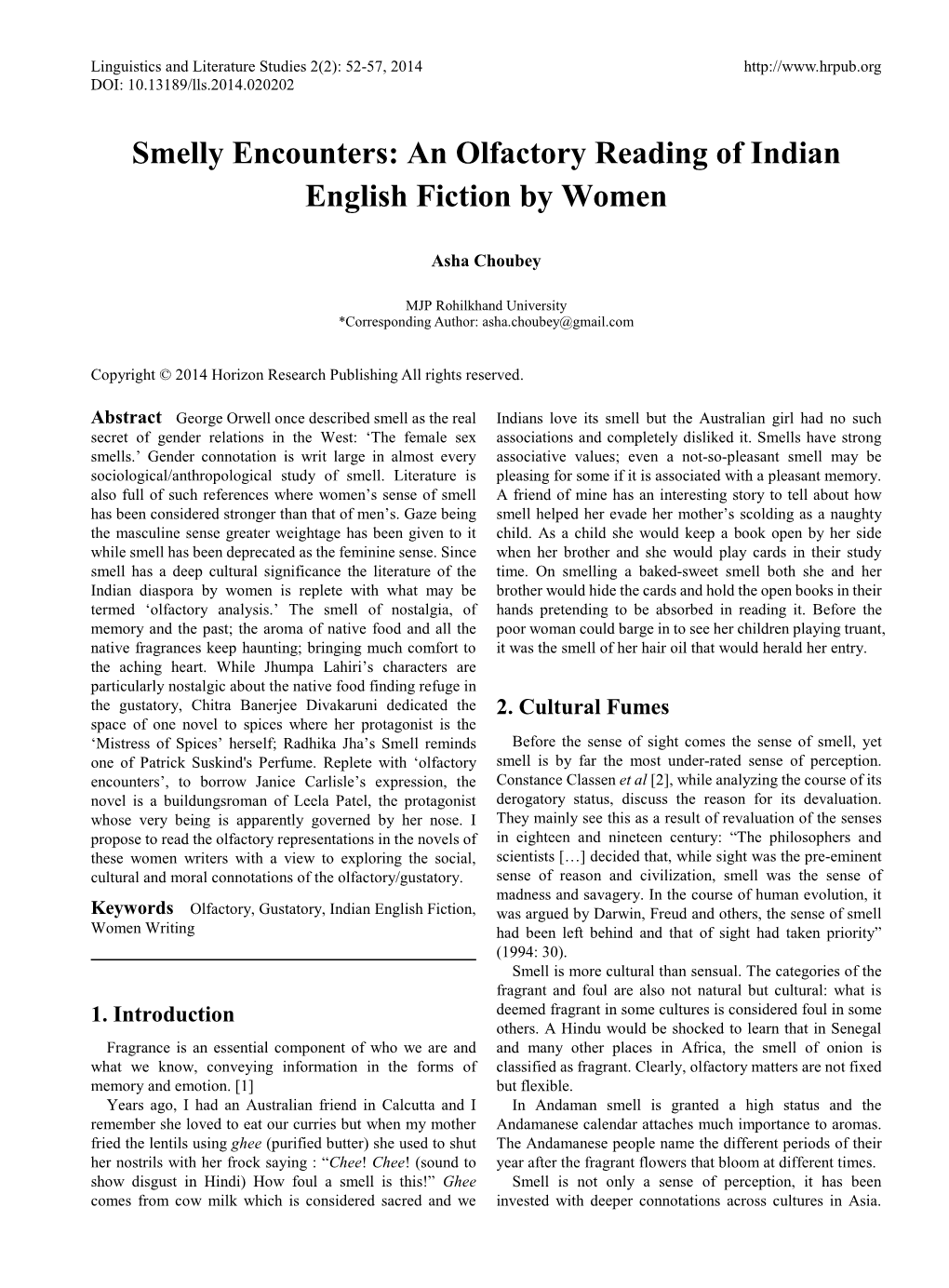 An Olfactory Reading of Indian English Fiction by Women