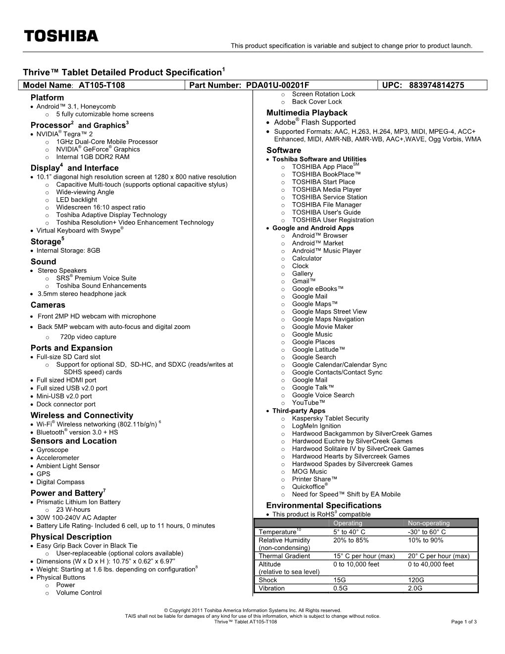 Toshiba At105t108 Quick Specs