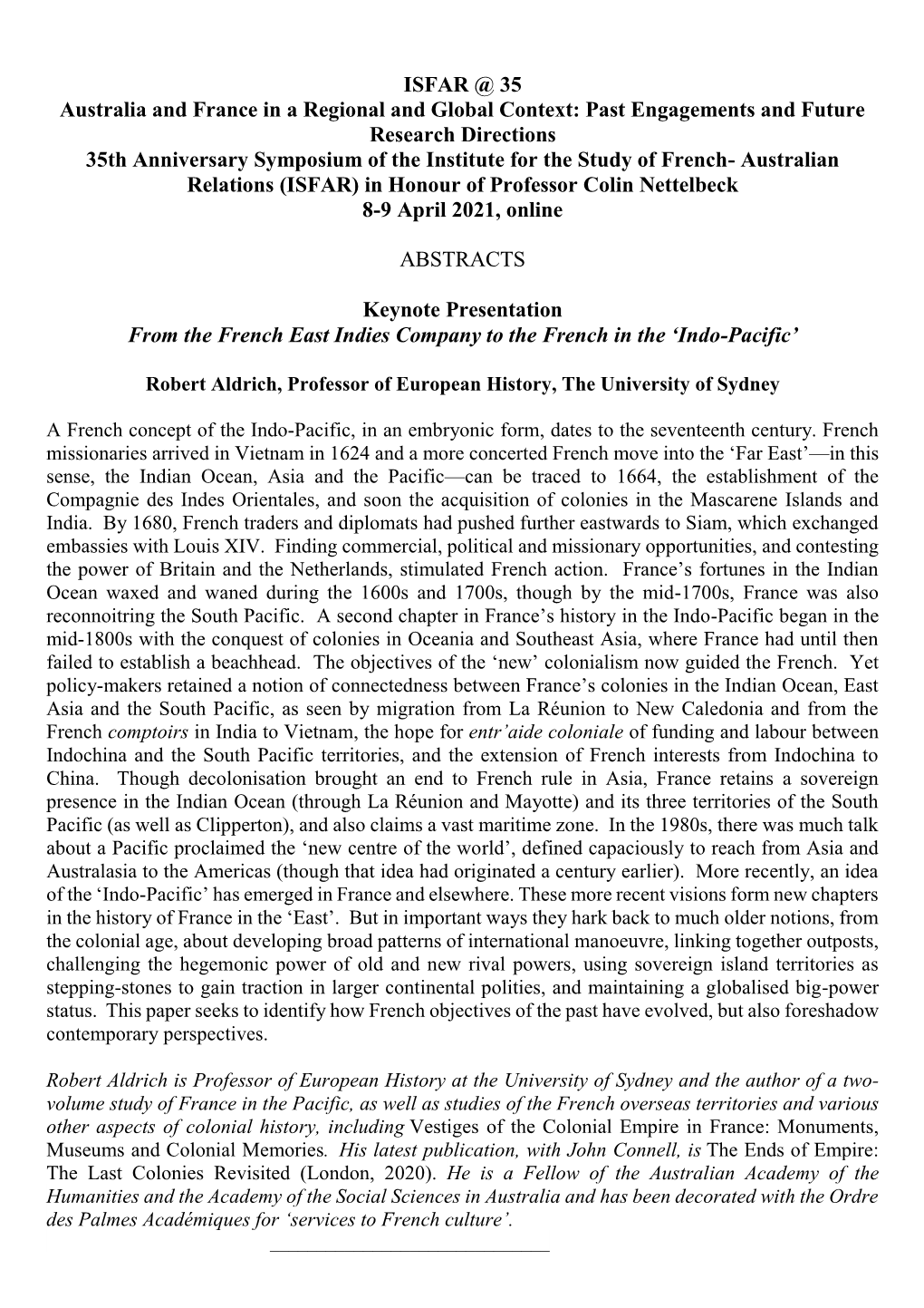 ISFAR @ 35 Australia and France in a Regional and Global Context: Past Engagements and Future Research Directions 35Th Anniversa