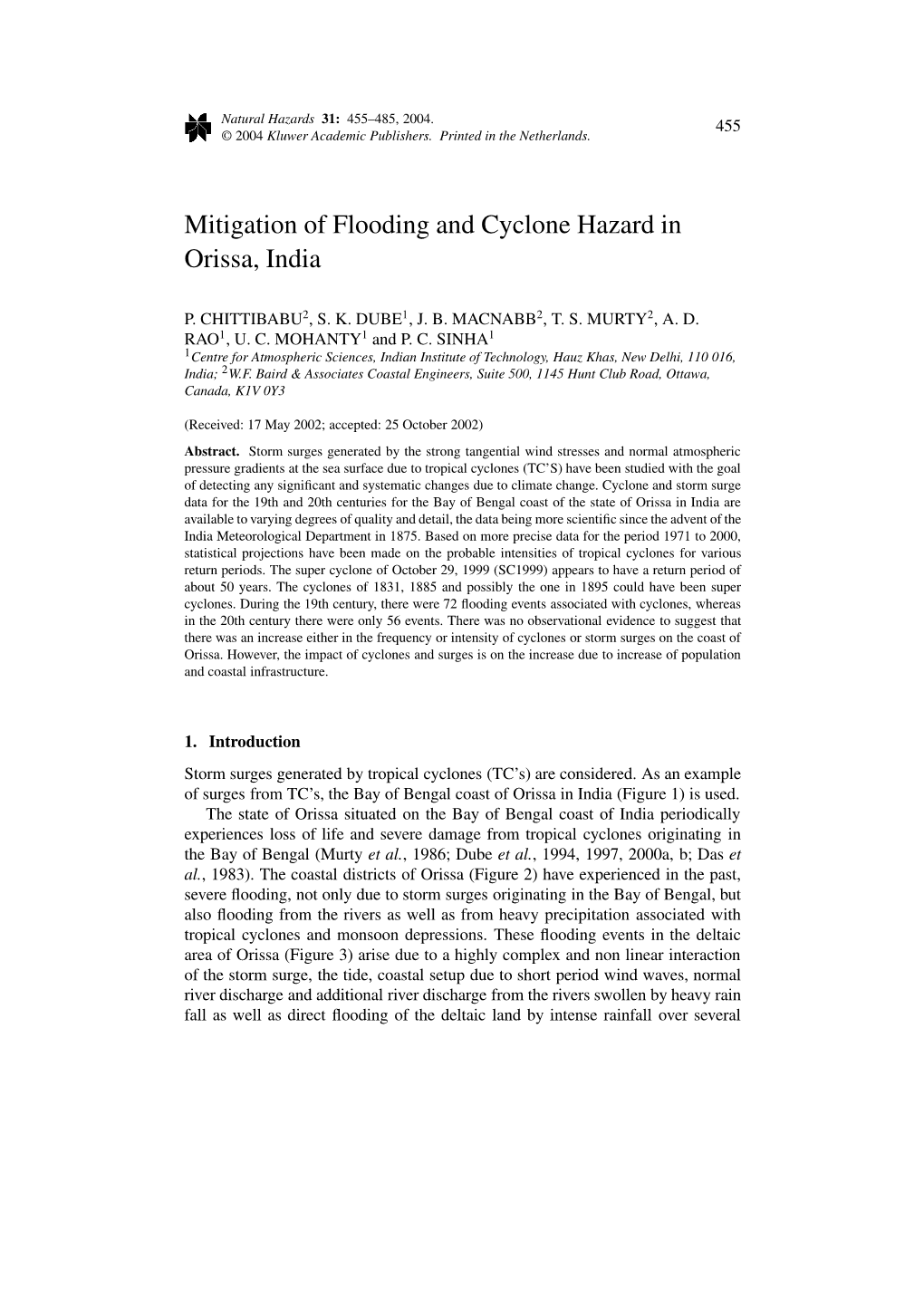 Mitigation of Flooding and Cyclone Hazard in Orissa, India