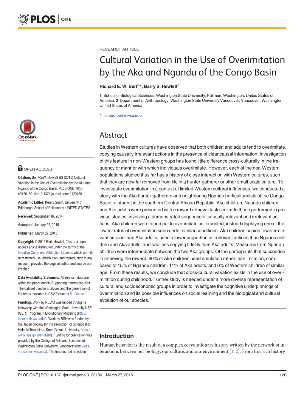 Cultural Variation in the Use of Overimitation by the Aka and Ngandu of the Congo Basin