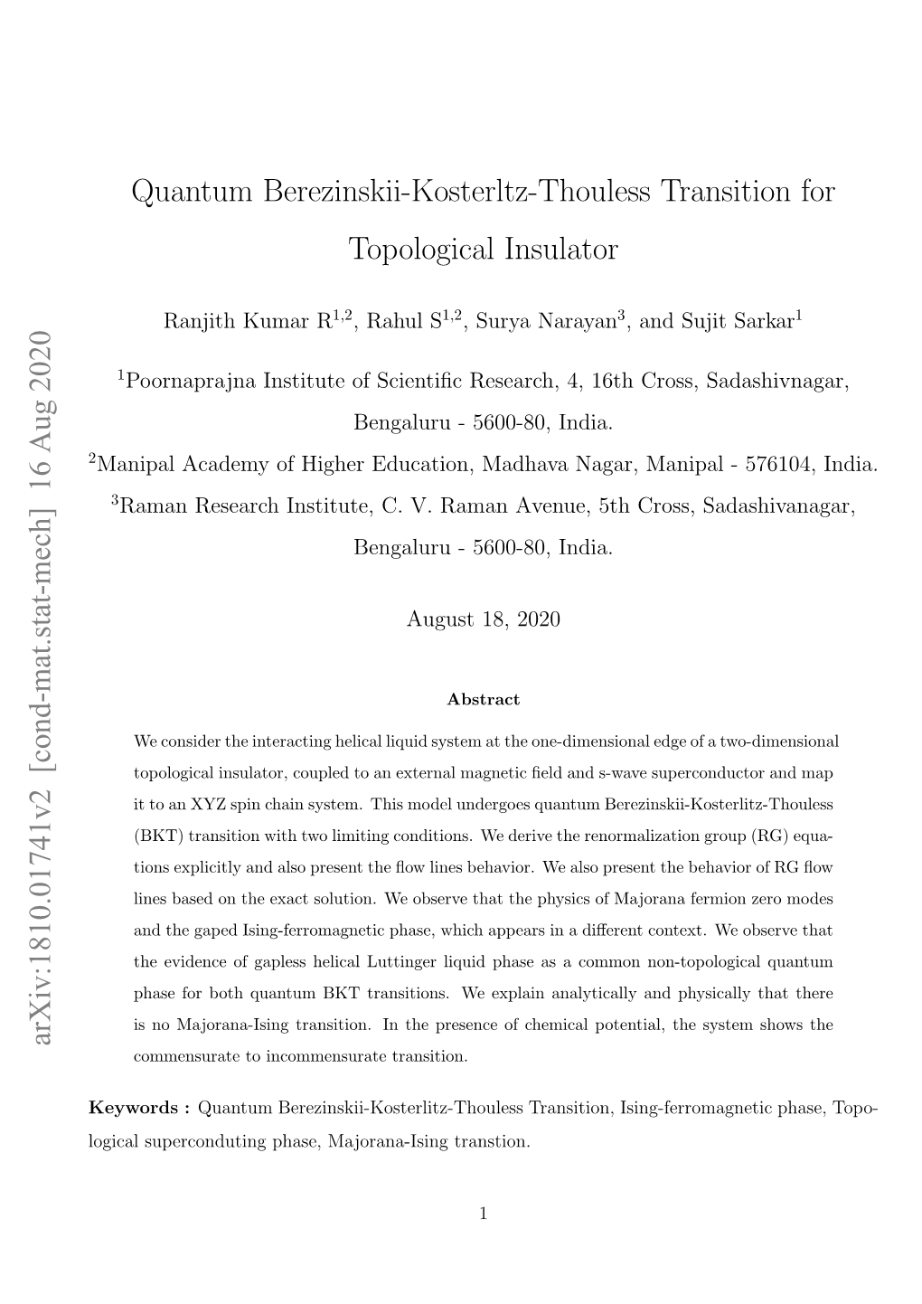 Quantum Berezinskii-Kosterltz-Thouless Transition for Topological Insulator