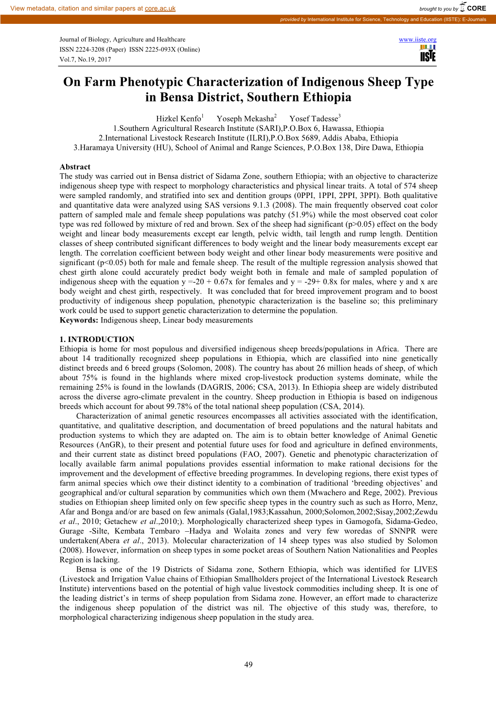 On Farm Phenotypic Characterization of Indigenous Sheep Type in Bensa District, Southern Ethiopia