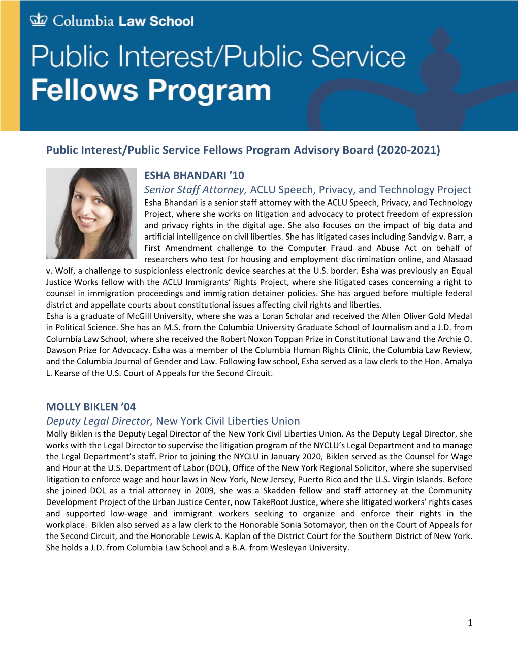 Public Interest/Public Service Fellows Program Advisory Board (2020-2021)