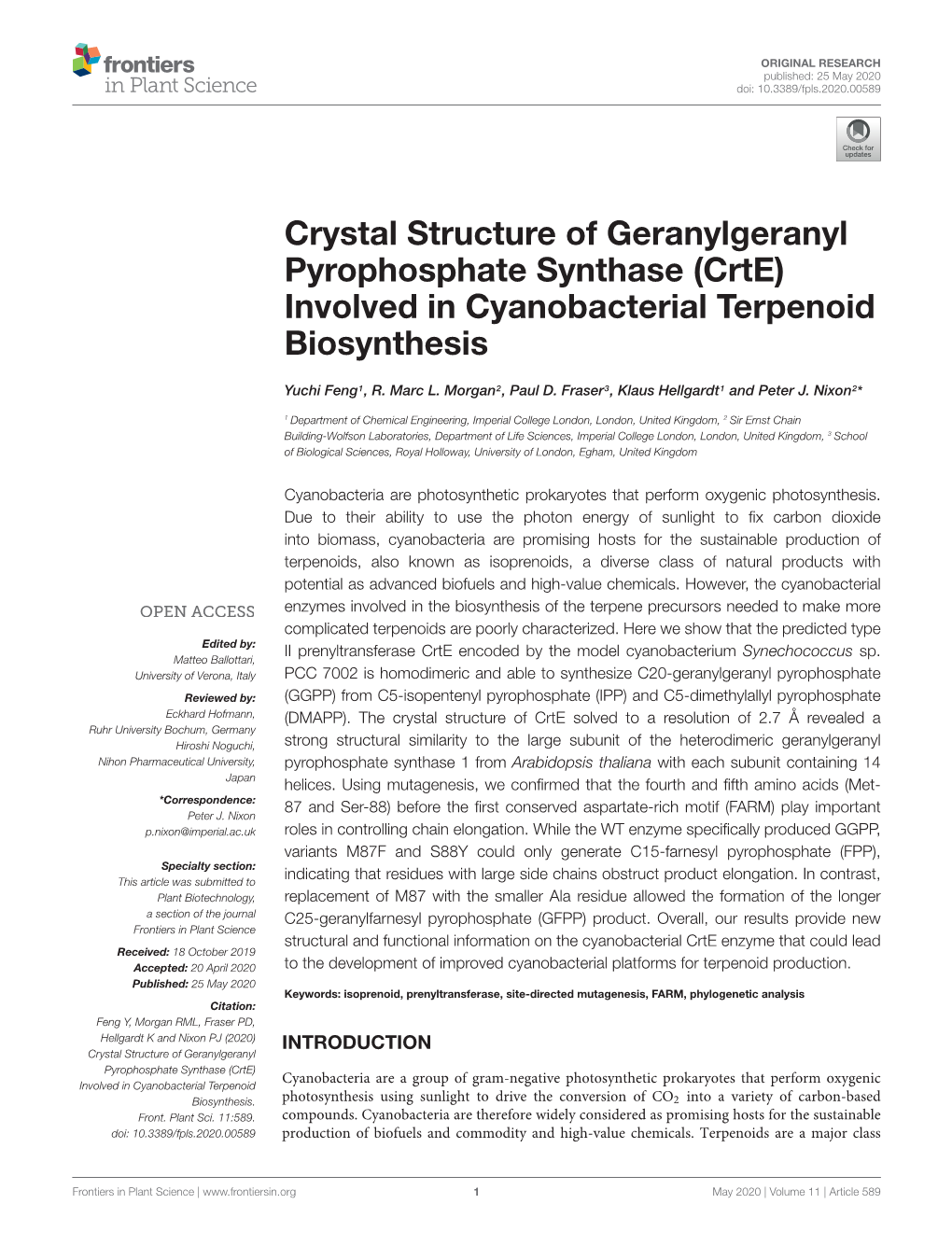 Crystal Structure of Geranylgeranyl Pyrophosphate Synthase (Crte) Involved in Cyanobacterial Terpenoid Biosynthesis