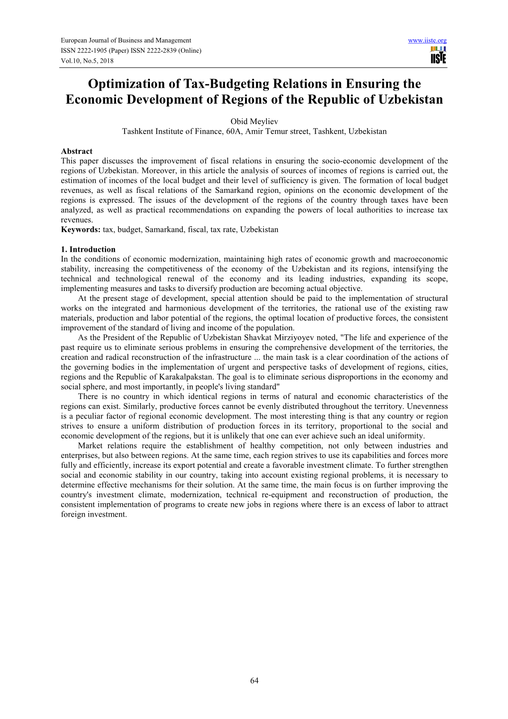 Optimization of Tax-Budgeting Relations in Ensuring the Economic Development of Regions of the Republic of Uzbekistan