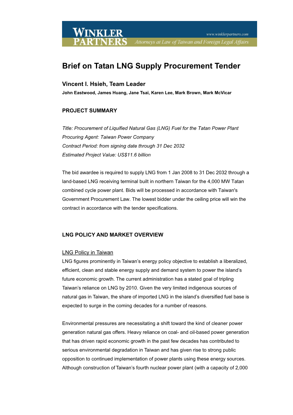 Brief on Tatan LNG Supply Procurement Tender