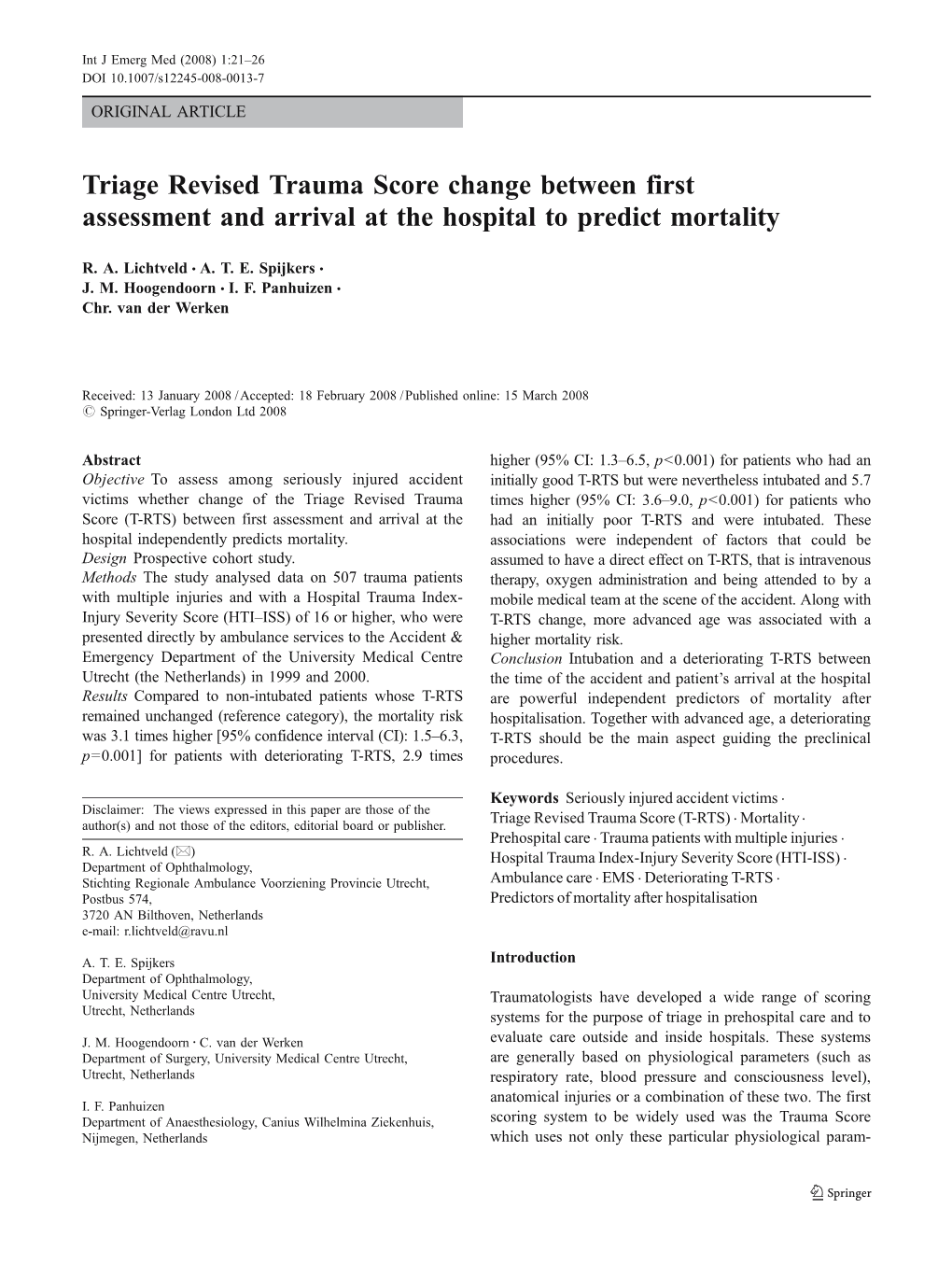 Triage Revised Trauma Score Change Between First Assessment and Arrival at the Hospital to Predict Mortality