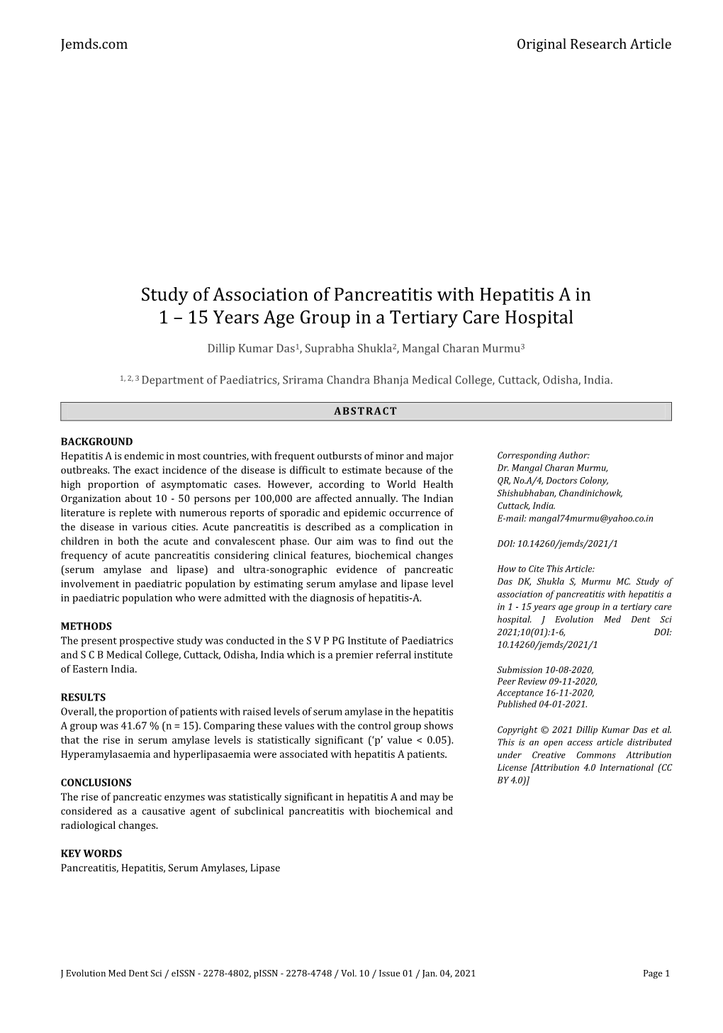 Study of Association of Pancreatitis with Hepatitis a in 1 – 15 Years Age Group in a Tertiary Care Hospital