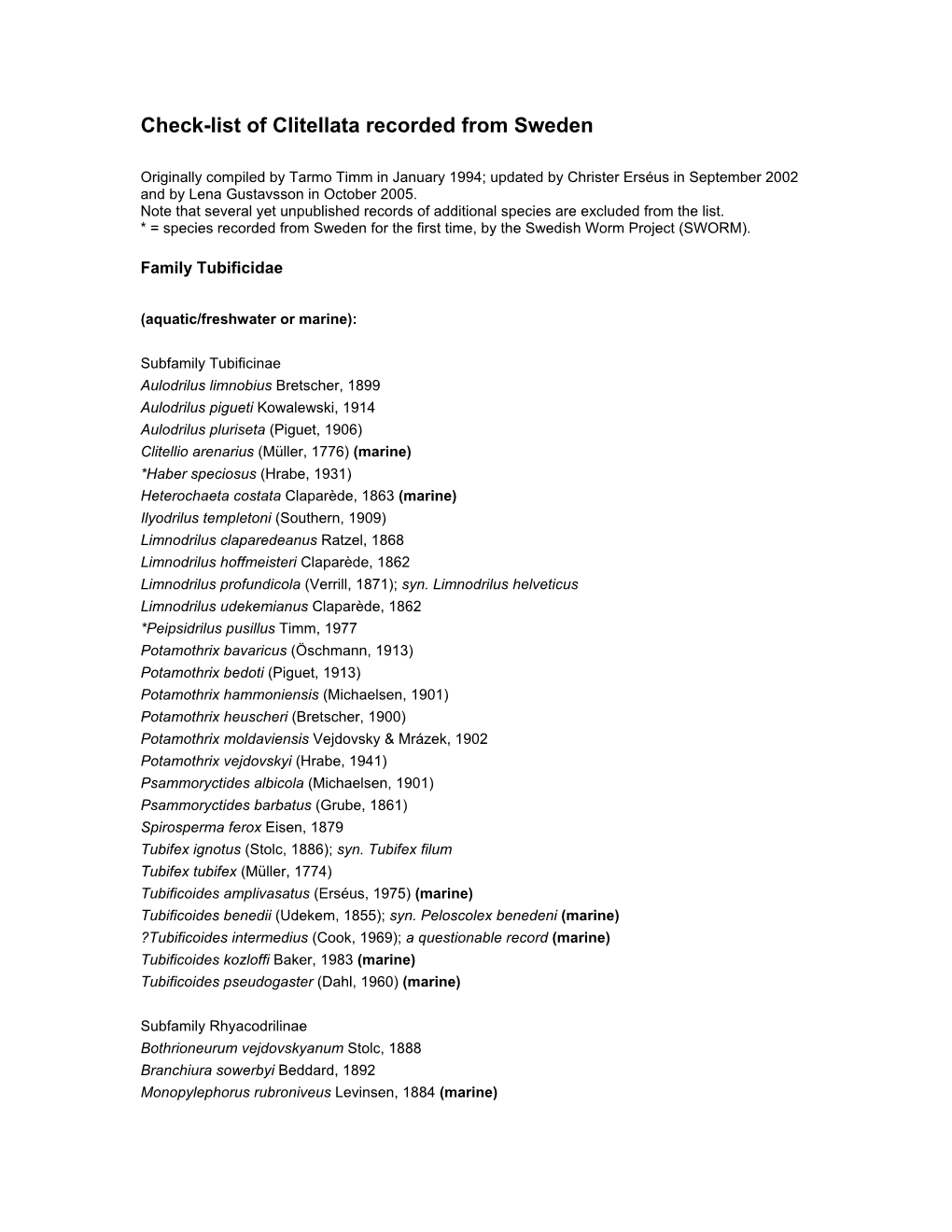 Check-List of Clitellata Recorded from Sweden