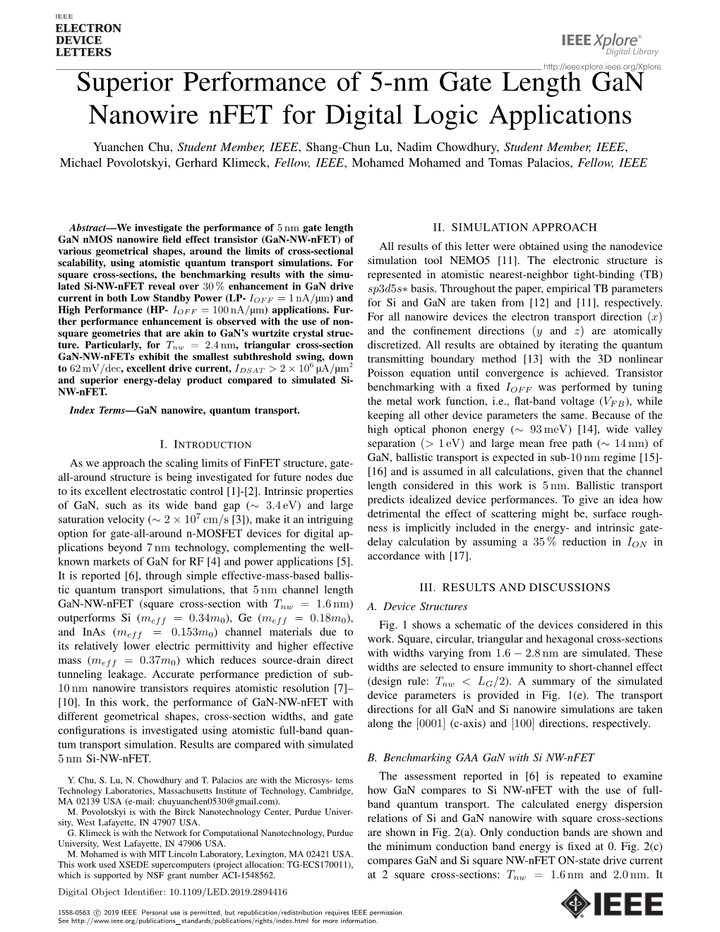 Superior Performance of 5-Nm Gate Length Gan Nanowire Nfet For