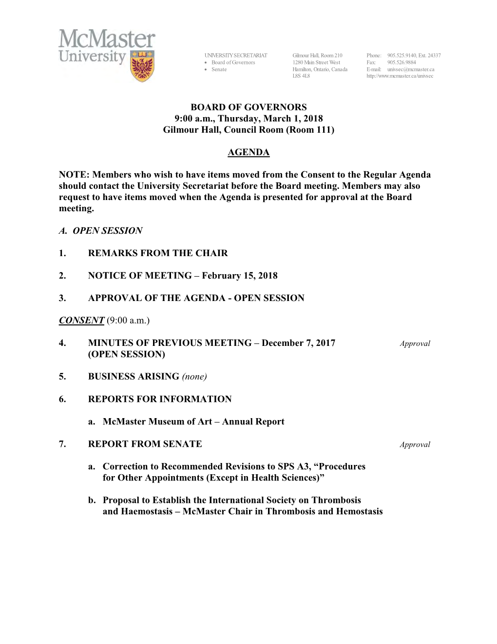 BOARD of GOVERNORS 9:00 Am, Thursday