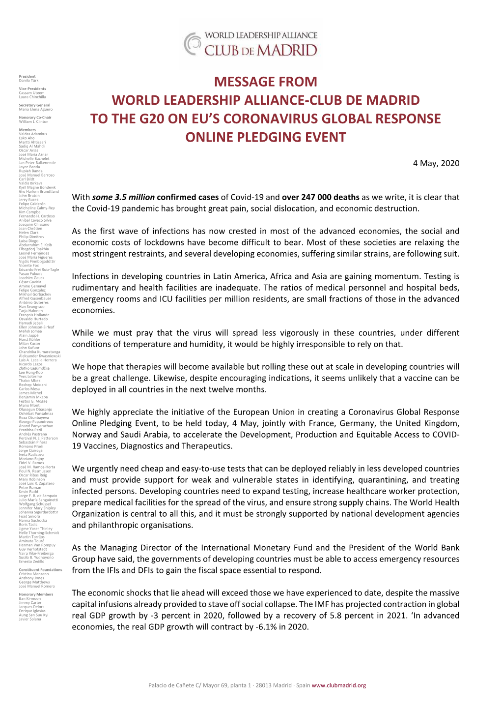 Message to the G20 on EU's Coronavirus Global Response