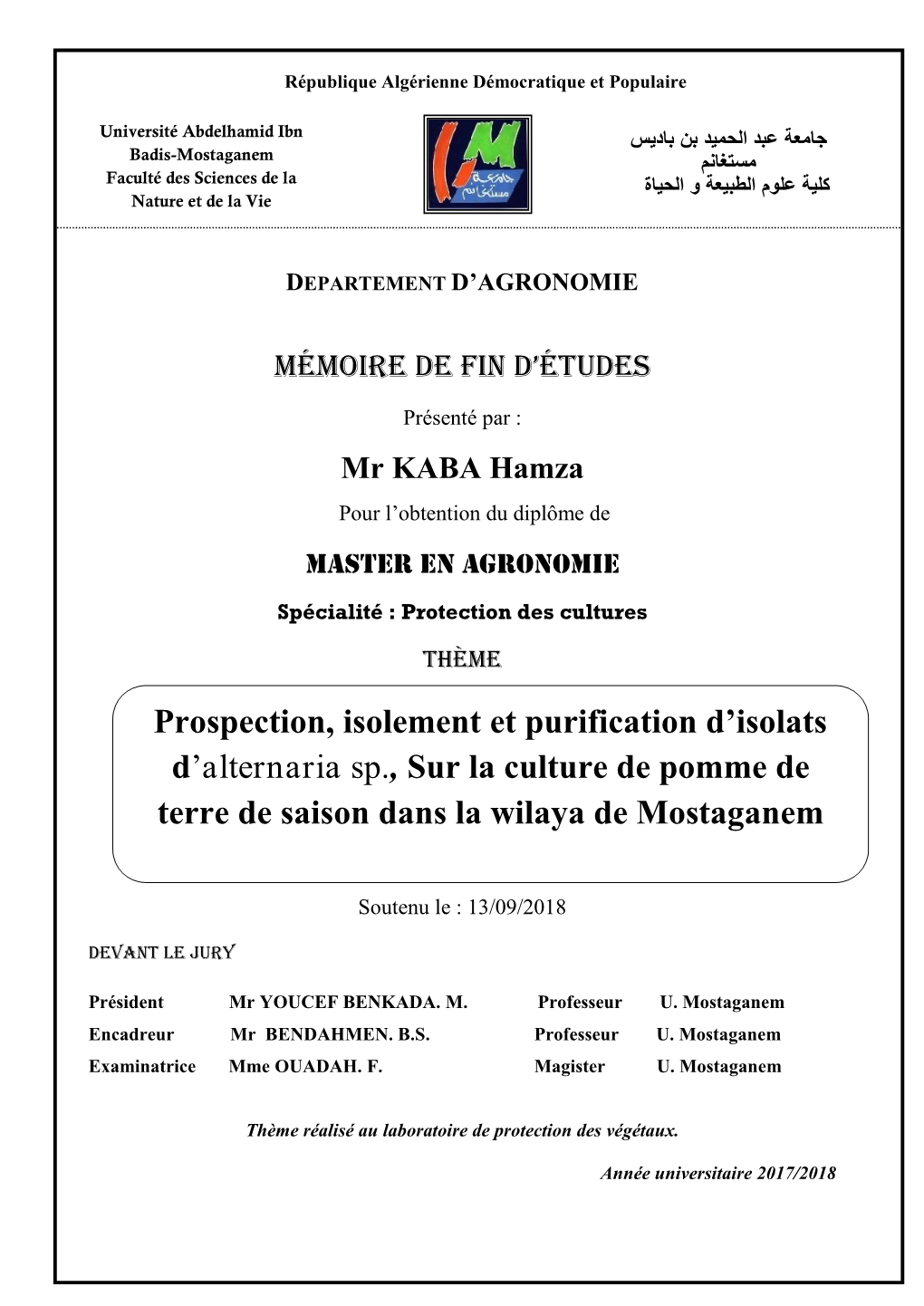 Prospection, Isolement Et Purification D'isolats D'alternaria Sp., Sur La