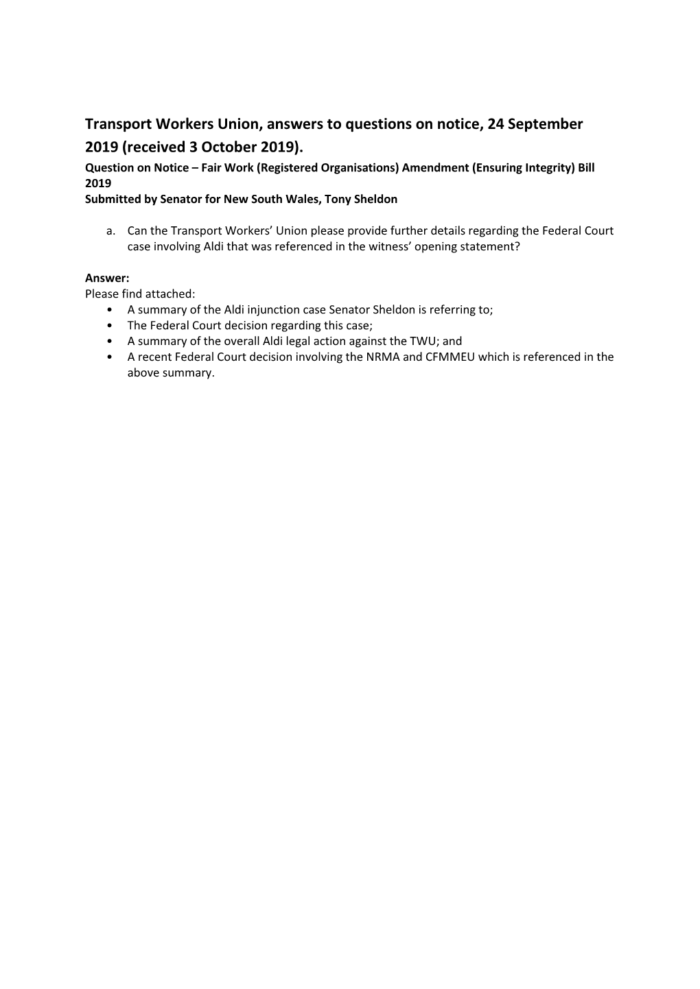 Transport Workers Union, Answers to Questions on Notice, 24 September 2019 (Received 3 October 2019)