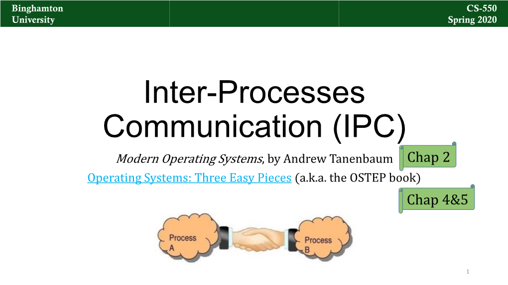 Inter-Processes Communication (IPC) Modern Operating Systems, by Andrew Tanenbaum Chap 2 Operating Systems: Three Easy Pieces (A.K.A