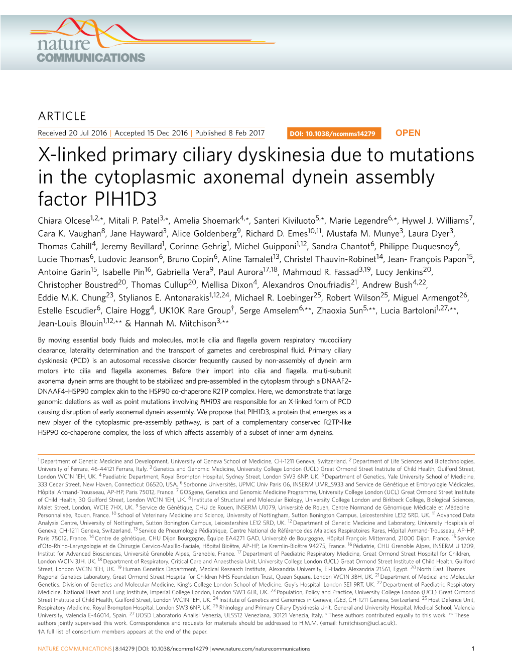 X-Linked Primary Ciliary Dyskinesia Due to Mutations in the Cytoplasmic Axonemal Dynein Assembly Factor PIH1D3 Chiara Olcese1,2,*, Mitali P