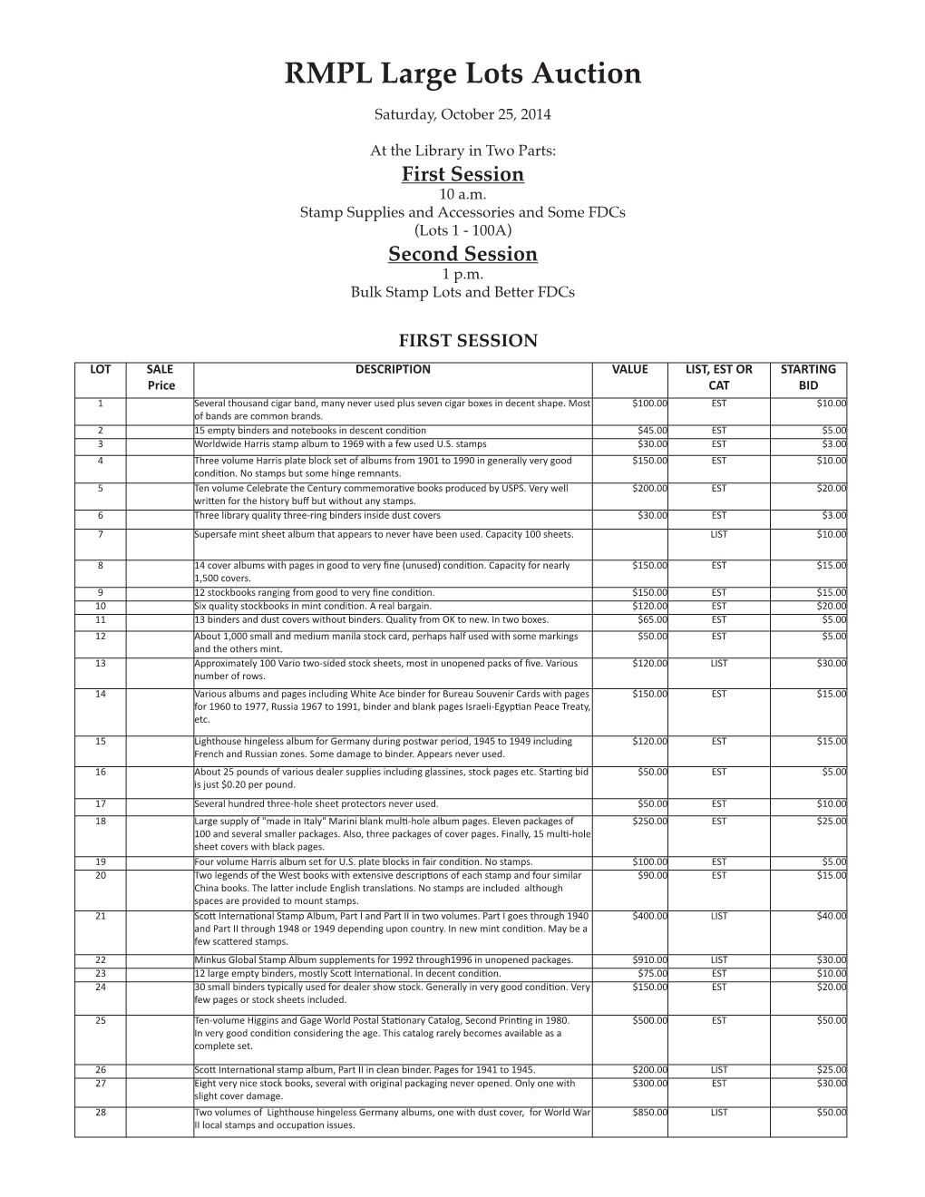 RMPL Large Lots Auction Saturday, October 25, 2014