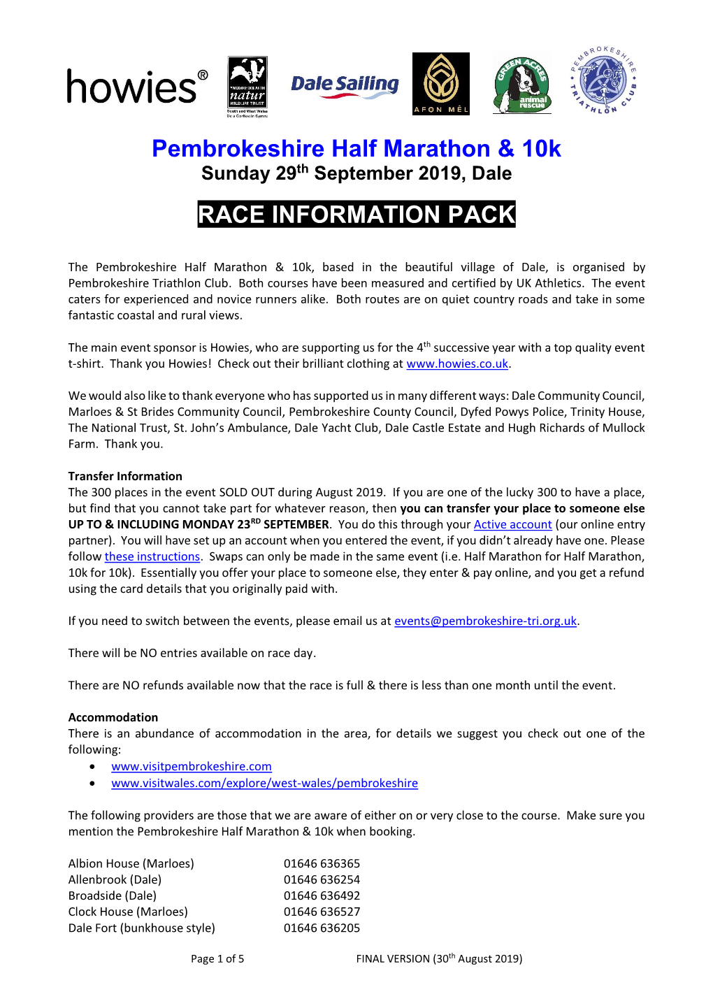 Pembrokeshire Half Marathon & 10K RACE INFORMATION PACK