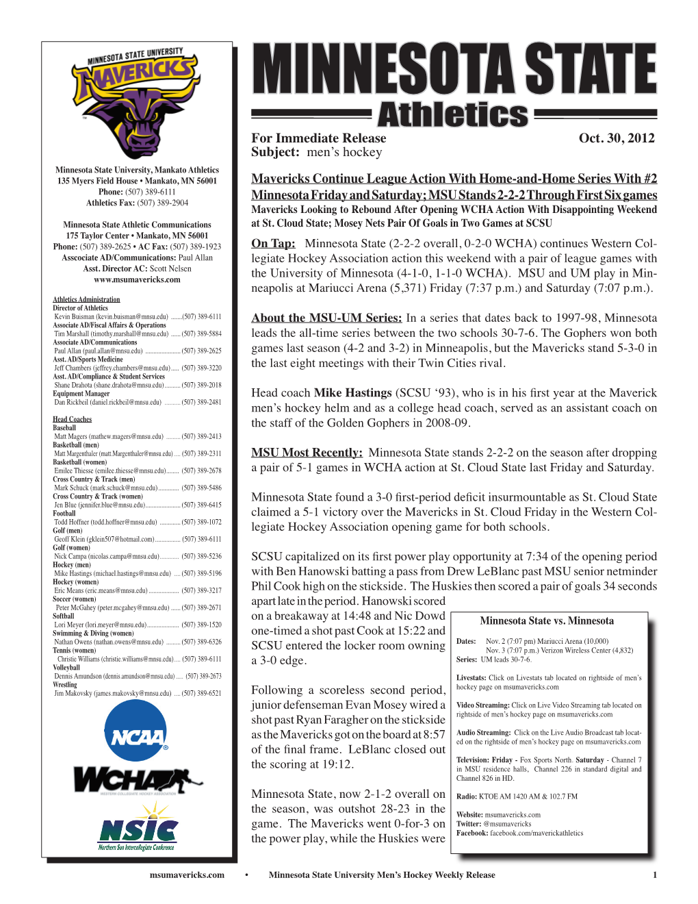 MINNESOTA STATE Athletics for Immediate Release Oct