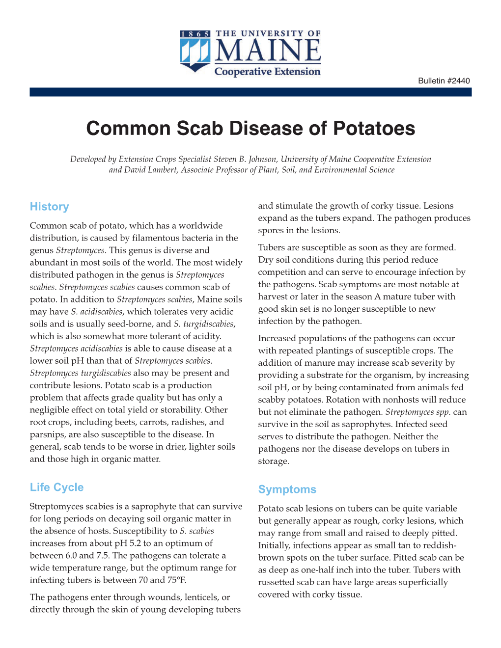 Bulletin #2440, Common Scab Disease of Potatoes