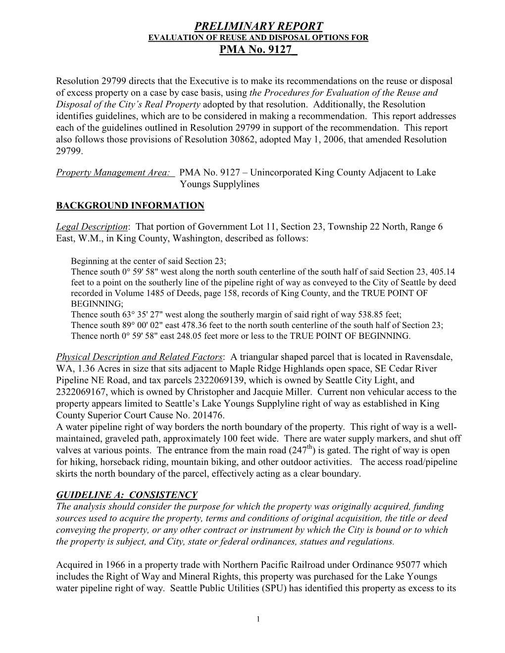 PRELIMINARY REPORT EVALUATION of REUSE and DISPOSAL OPTIONS for PMA No