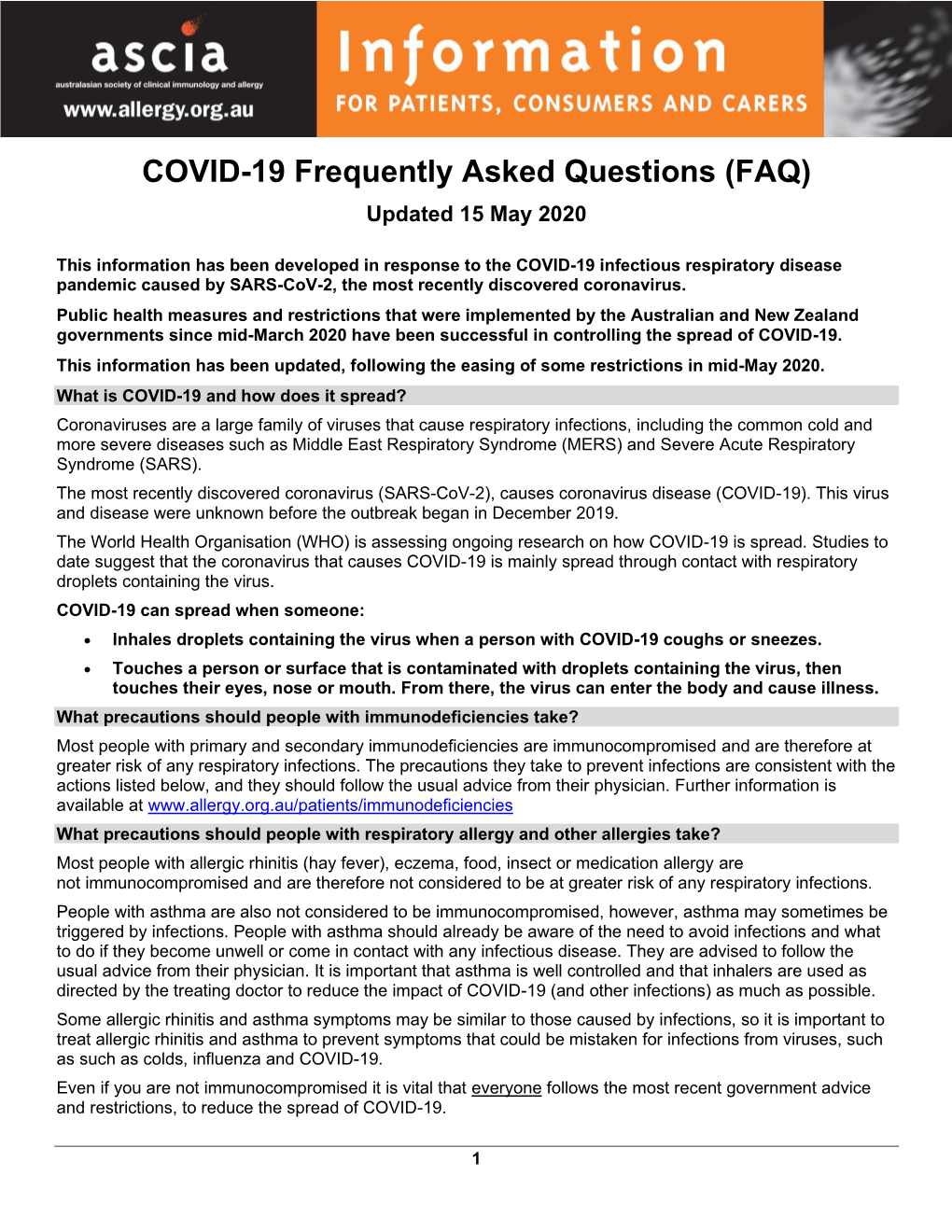 COVID-19 Frequently Asked Questions (FAQ) Updated 15 May 2020