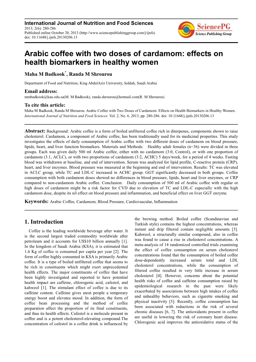 Arabic Coffee with Two Doses of Cardamom: Effects on Health Biomarkers in Healthy Women