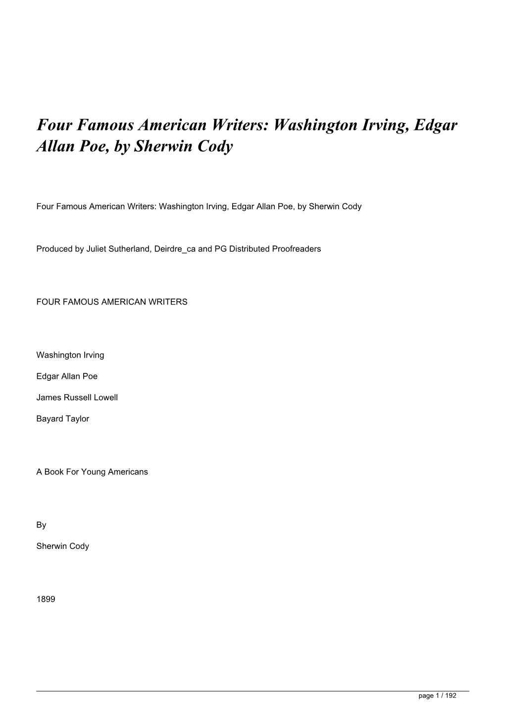 Four Famous American Writers: Washington Irving, Edgar Allan Poe, by Sherwin Cody