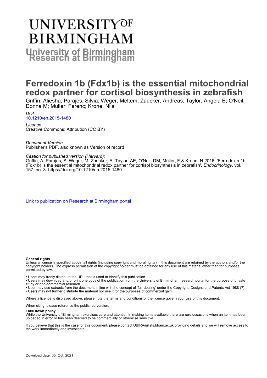 Ferredoxin 1B (Fdx1b) Is the Essential