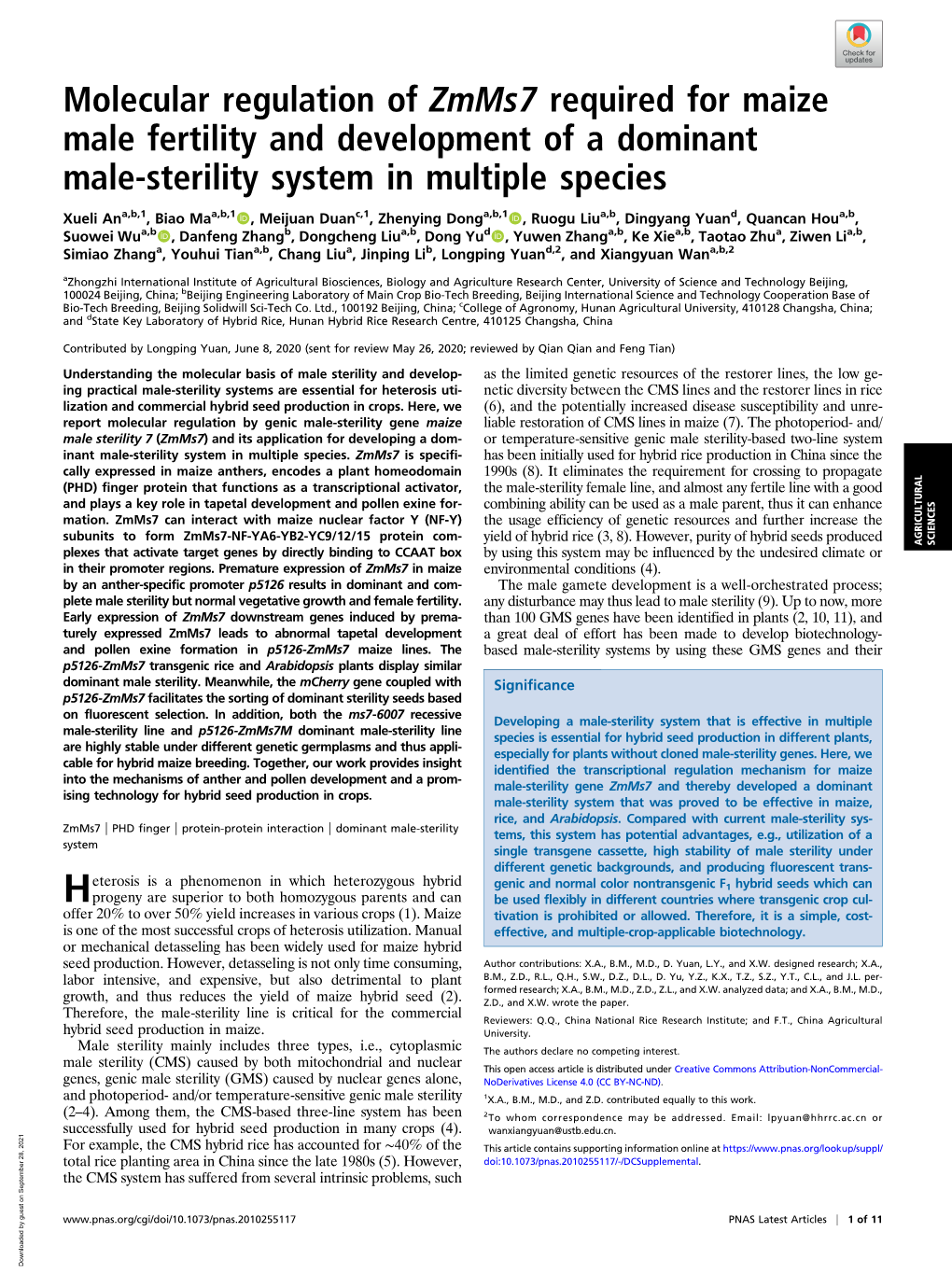 Molecular Regulation of Zmms7 Required for Maize Male Fertility and Development of a Dominant Male-Sterility System in Multiple Species