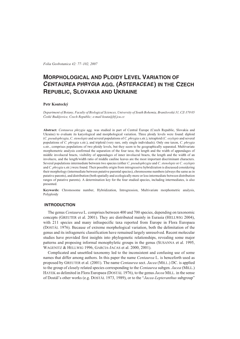 Morphological and Ploidy Level Variation of Centaurea Phrygia Agg