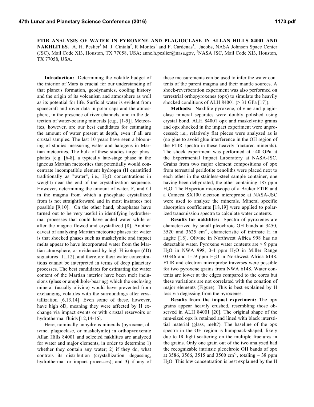 Ftir Analysis of Water in Pyroxene and Plagioclase in Allan Hills 84001 and Nakhlites