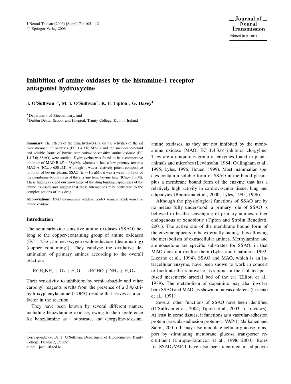 Inhibition of Amine Oxidases by the Histamine-1 Receptor Antagonist Hydroxyzine