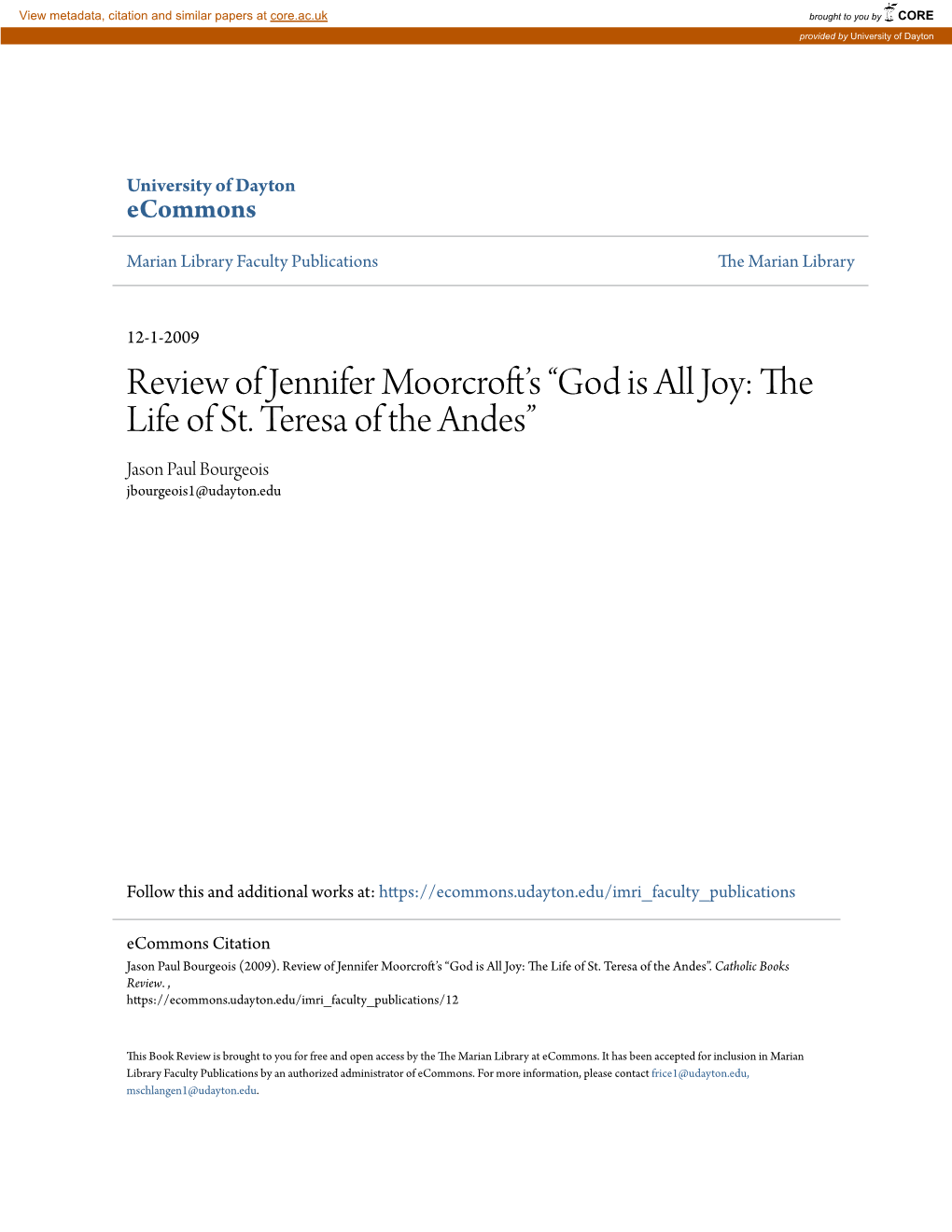 God Is All Joy: the Life of St. Teresa of the Andes” Jason Paul Bourgeois Jbourgeois1@Udayton.Edu