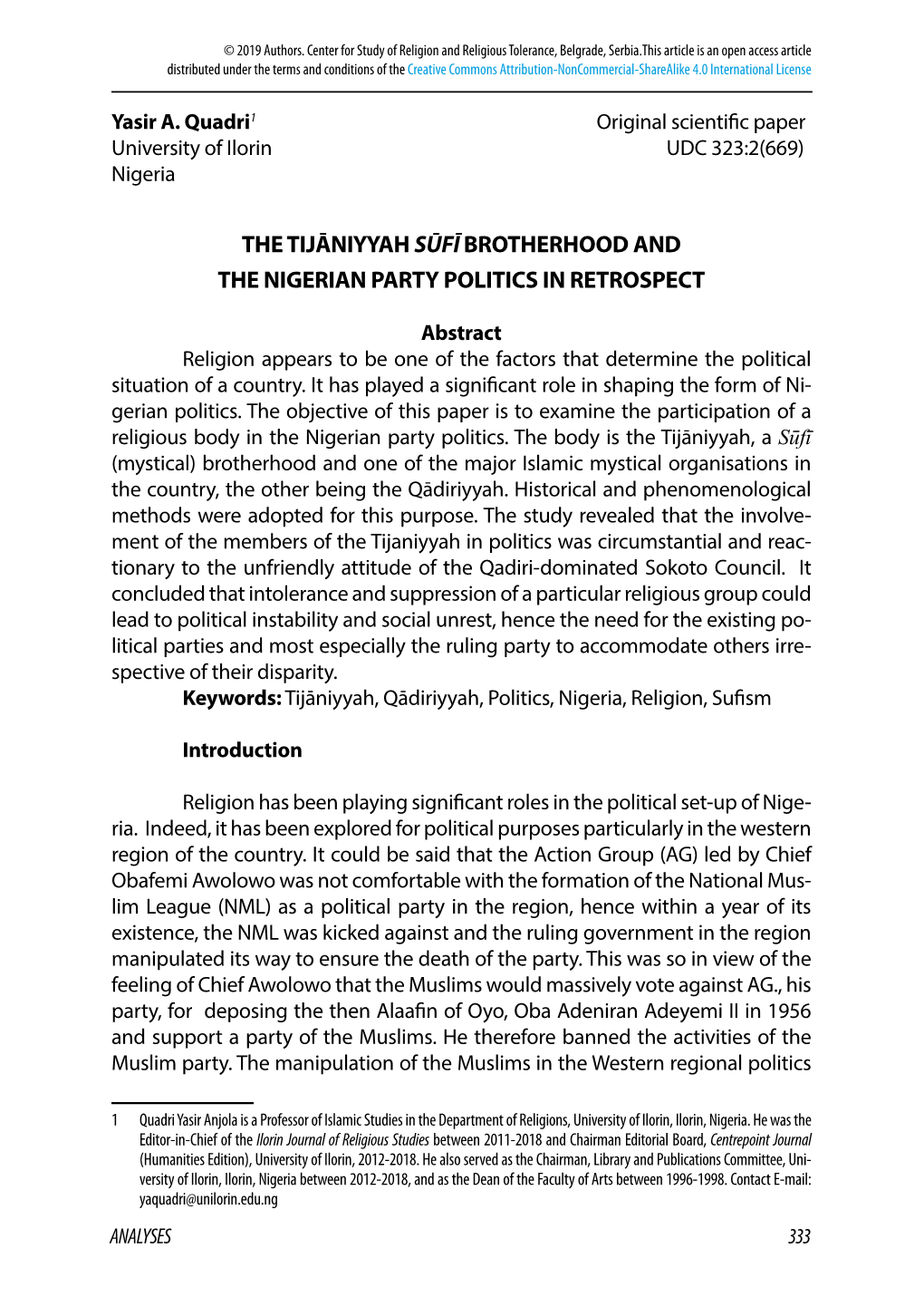 The Tijāniyyah Sūfī Brotherhood and the Nigerian Party Politics in Retrospect